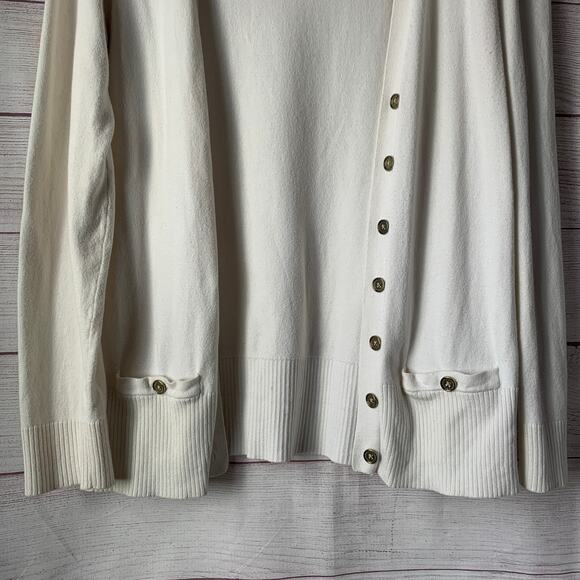 Anne Klein White Cardigan Sweater Gold Button Front Pockets Size Small - Picture 3 of 13